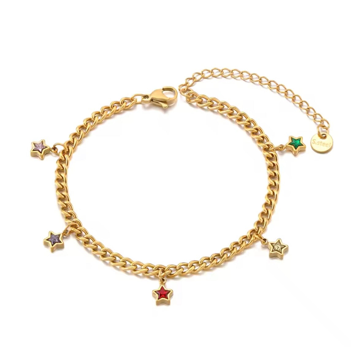 gold chain bracelet with multicoloured crystal star charms
