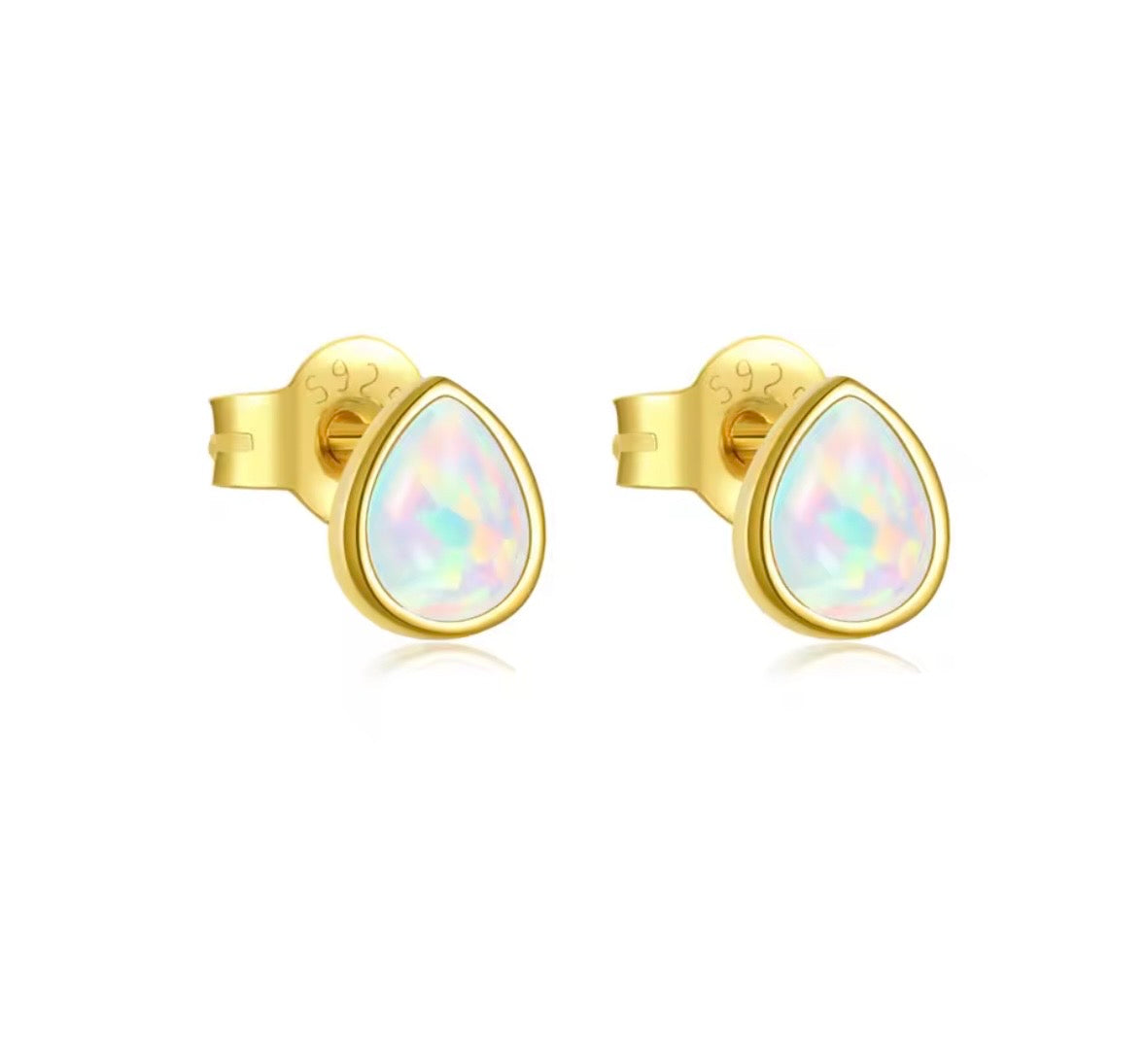 Gold teardrop shape opal stud earrings