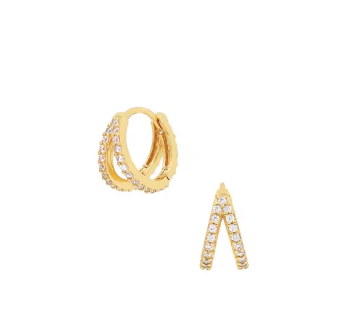 Gold double hoop earrings with embedded crystal stones on a white background