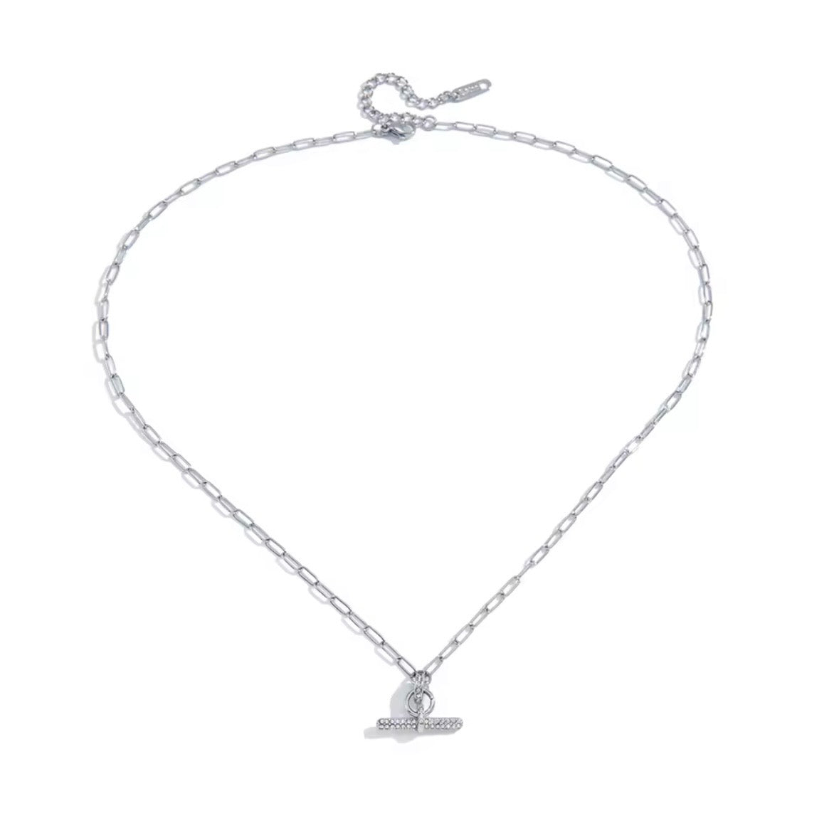 Silver chain crystal T bar necklace