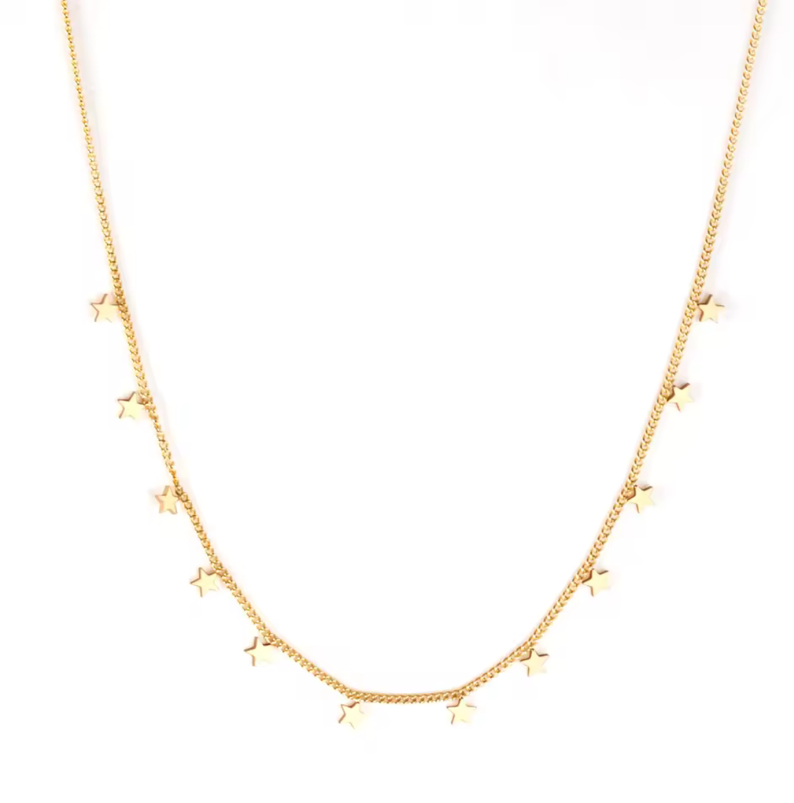 A delicate gold chain necklace featuring small, evenly spaced star charms, displayed against a solid white background.
