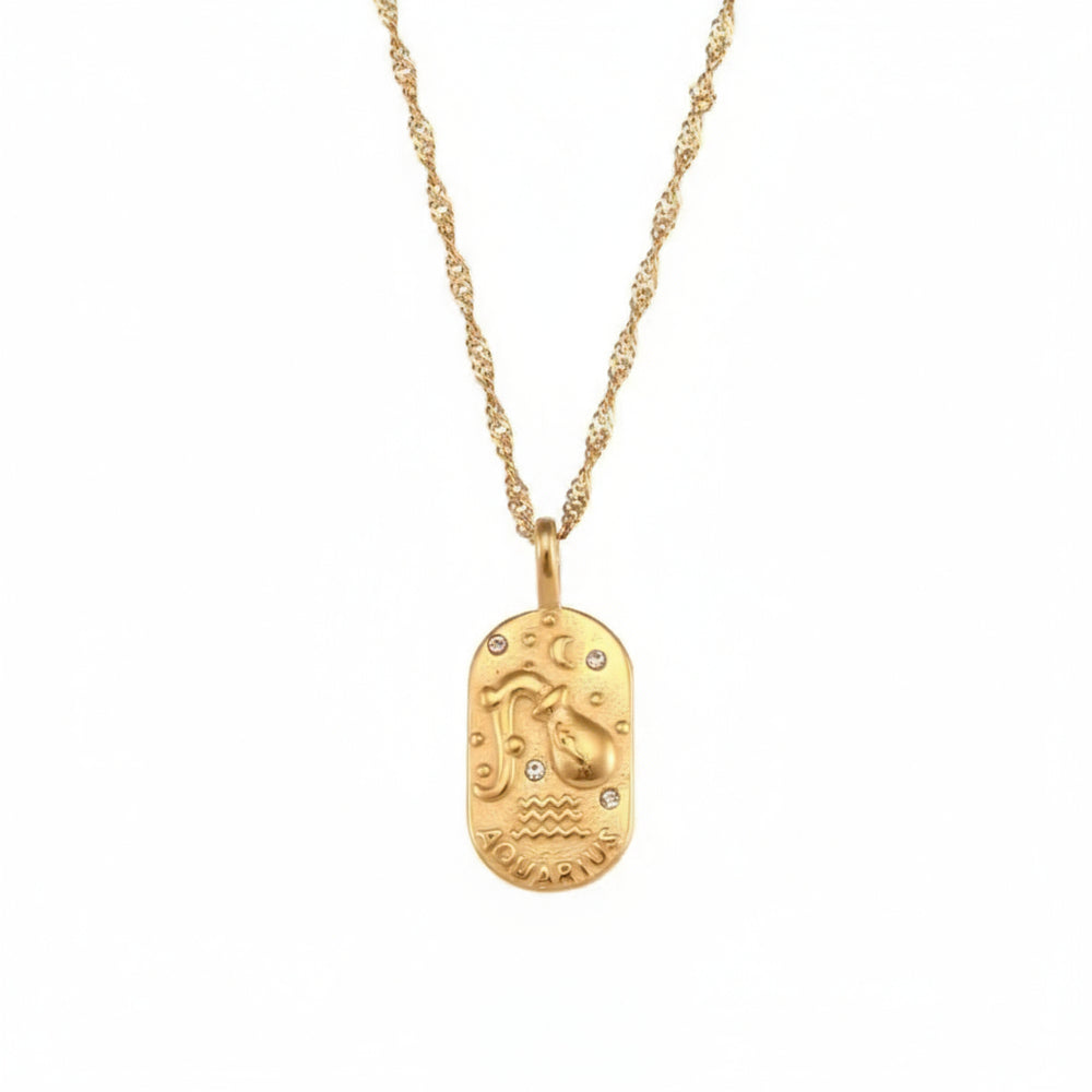 
                  
                    A dainty gold zodiac necklace inspired by vintage tarot cards — finished with sparkling CZ details and a twisted rope chain. 
                  
                