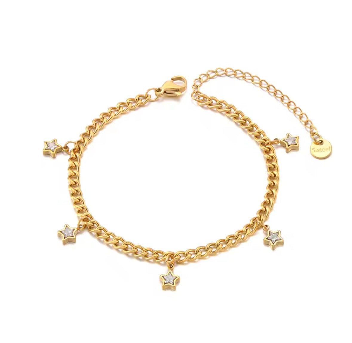gold chain bracelet with multicoloured crystal star charms