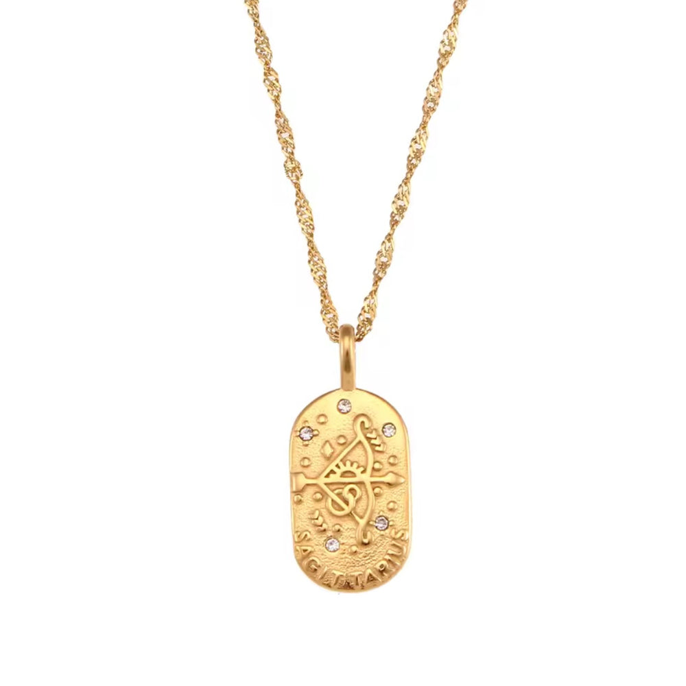 
                  
                    A dainty gold zodiac necklace inspired by vintage tarot cards — finished with sparkling CZ details and a twisted rope chain. 
                  
                